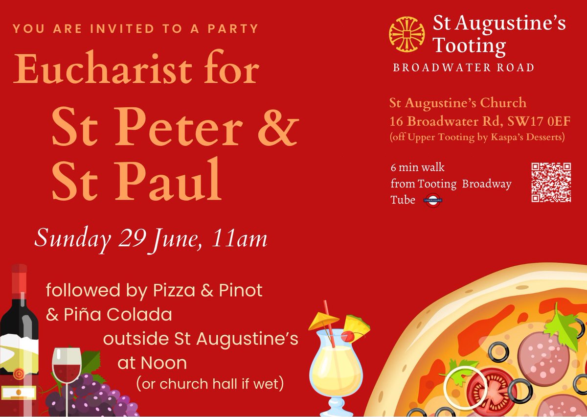 We’re celebrating St Peter and St Paul in style tomorrow with a Eucharist followed by pizza 🍕, Pinot 🍷, and piña colada 🍹(other drinks available).

Click to sign up:

 uppertooting.churchsuite.com/events/mdyznevi