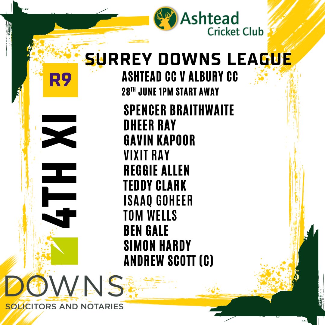 Ashtead Cricket Club (@ashteadcc) on Twitter photo Team sheets for Saturdays league fixtures - Good luck to all and keep the fluids on board 🏏👏☀️Thx to kit sponsor <a href="/DownsSolicitors/">Downs Solicitors LLP</a> Team sheets for Saturdays league fixtures - Good luck to all and keep the fluids on board 🏏👏☀️Thx to kit sponsor <a href="/DownsSolicitors/">Downs Solicitors LLP</a>