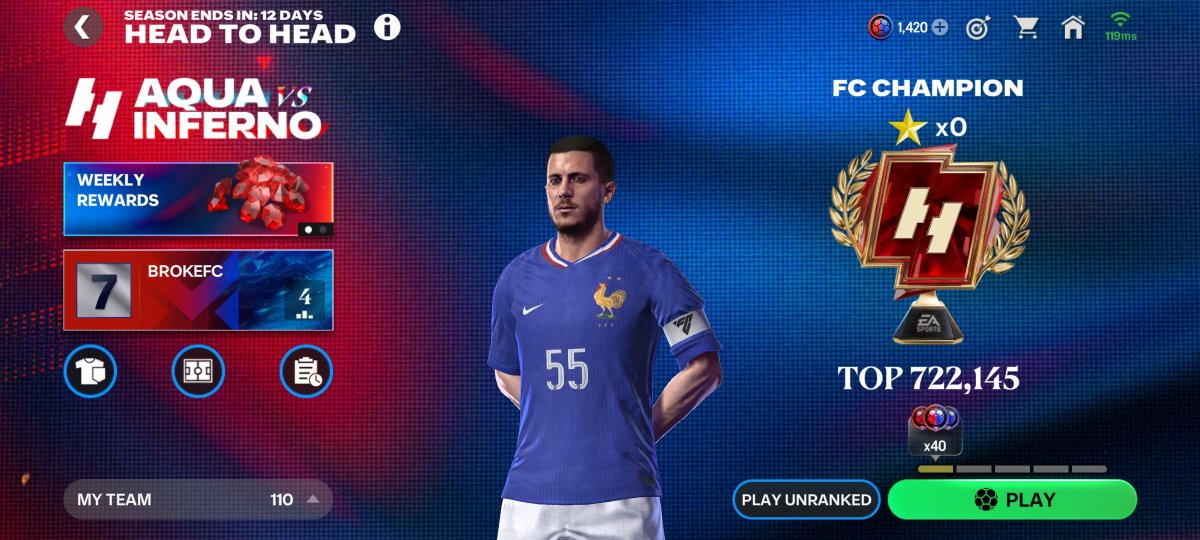 fc_ug48083's tweet photo. I have reached FC champion with 45 W, 2 D &amp; 1 loss from a hacker. 
 I used that 👇🏼 team which is barely trained.
Top cards
 ● Fofana is so good as a ST real beast
●Hazard 👌🏼
●Guendouzi runs my Midfield, dude is so good
●Cannavaro 🙌🏼
Skill matters☺️ #FCMobile #FC25 #Champions https://t.co/GVceMhx0zI