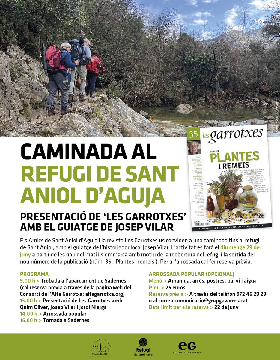 ⛰️ Demà al matí buscarem les ombres de camí cap a Sant Aniol d'Aguja. En Pep Vilar ens descobrirà històries de l'Alta Garrotxa, presentarem la revista i, finalment, dinarem al fantàstic refugi. I si la calor empeny, cap a l'aigua. Us hi esperem!