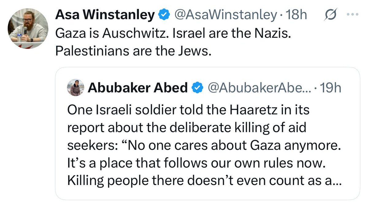 Azulay_the_gay's tweet image. If Iโm not mistaken, the Jewish prisoners in Auschwitz did not butcher, rape, or burn Germans in pogroms, did not carry out terror attacks, and did not hold hostages. The difference between Auschwitz and Gaza, and between the Jews and the Palestinians in this case, is quiteโฆ