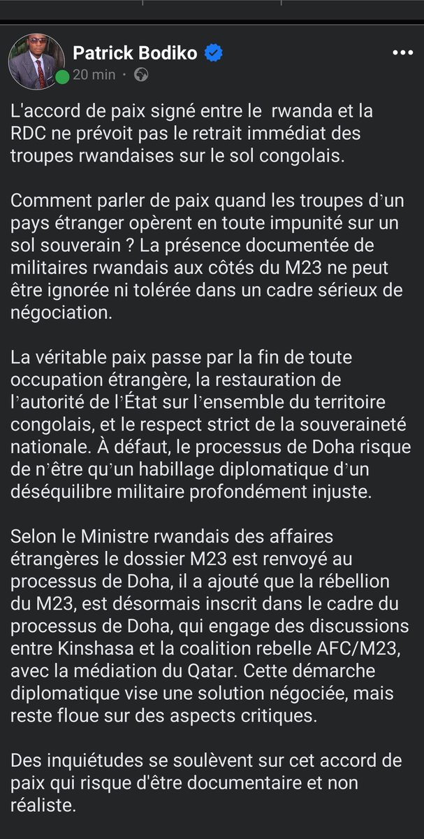 Patrick Bodiko (@patrickbodiko) on Twitter photo L'accord de paix signé entre la République Démocratique du Congo et le gouvernement rwandais ne prévoit pas le retrait immédiat des troupes rwandaises du sol congolais.
<a href="/Bibishe6/">Bibishe Pascaline N</a> <a href="/chauffeur243/">CHAUFFEUR Tout-Kin</a> <a href="/judaRdc/">JudaRdc🇨🇩❤️</a> <a href="/kamba82/">SERGE KAMBA</a> <a href="/MuadiLaeticia/">Laetitia Muadi</a> <a href="/nlandumagloire1/">Magloire NLANDU</a> <a href="/chauffeur243/">CHAUFFEUR Tout-Kin</a> <a href="/KatangaCynthia/">Cynthia Katanga,MBA</a> L'accord de paix signé entre la République Démocratique du Congo et le gouvernement rwandais ne prévoit pas le retrait immédiat des troupes rwandaises du sol congolais.
<a href="/Bibishe6/">Bibishe Pascaline N</a> <a href="/chauffeur243/">CHAUFFEUR Tout-Kin</a> <a href="/judaRdc/">JudaRdc🇨🇩❤️</a> <a href="/kamba82/">SERGE KAMBA</a> <a href="/MuadiLaeticia/">Laetitia Muadi</a> <a href="/nlandumagloire1/">Magloire NLANDU</a> <a href="/chauffeur243/">CHAUFFEUR Tout-Kin</a> <a href="/KatangaCynthia/">Cynthia Katanga,MBA</a>