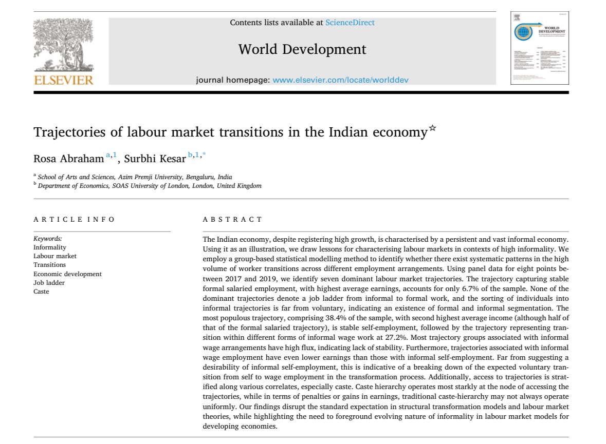 SurbhiKesar's tweet image. How do we make sense of the many transitions across employment arrangements in India’s labour market?
New in World Development, @rosaabraham6 & I study the trajectories that characterise Indian labour market, & identify 7 dominant ones. How do they 👀?🧵
sciencedirect.com/science/articl…