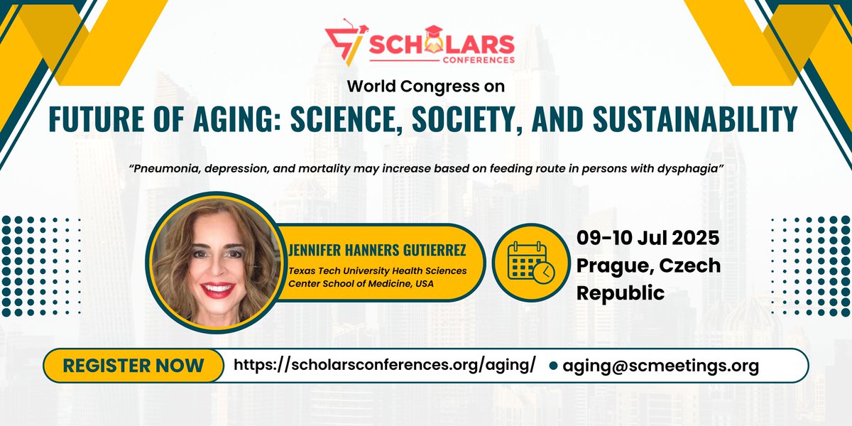 Aging Conference (@aging2025) on Twitter photo 🎤 Meet Jennifer Hanners Gutierrez at WCFA 2025 – Prague!
🧠 Presentation Topic:
"Pneumonia, depression, and mortality may increase based on feeding route in persons with dysphagia"
📅 Date: July 09–10, 2025
📍 Location: Prague
⏳ Only a few days left!
<a href="/ScholarsConfer1/">Scholars Conferences</a> 🎤 Meet Jennifer Hanners Gutierrez at WCFA 2025 – Prague!
🧠 Presentation Topic:
"Pneumonia, depression, and mortality may increase based on feeding route in persons with dysphagia"
📅 Date: July 09–10, 2025
📍 Location: Prague
⏳ Only a few days left!
<a href="/ScholarsConfer1/">Scholars Conferences</a>