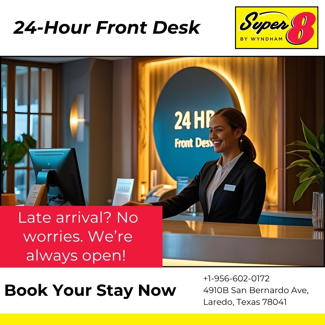 super8_laredo's tweet image. Late arrival? No problem!
Super 8 by Wyndham offers a 24-Hour Front Desk so you can check in anytime.
4910B San Bernardo Ave, Laredo, TX 78041
Call: +1-956-602-0172
Always open. Always welcoming.
#Super8Laredo #24HourHotel #LateCheckIn #WyndhamHotels #LaredoTX #AlwaysOpen