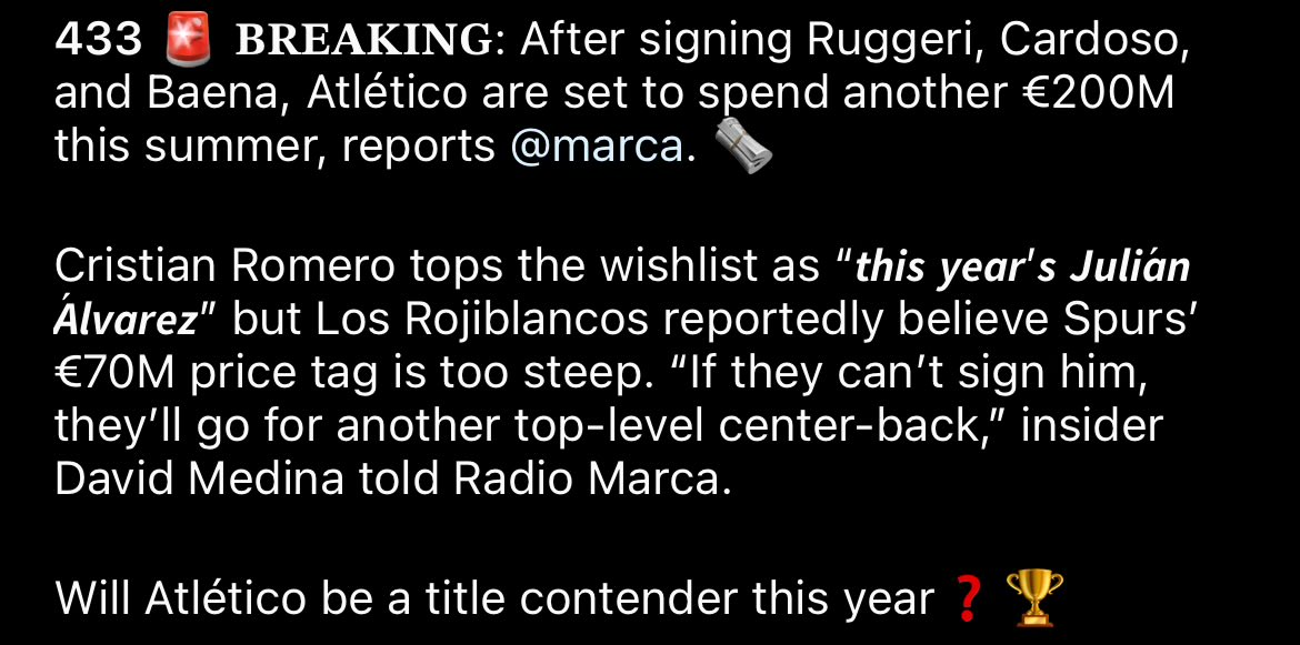 💣🚨 BREAKING - Diego Simeone has LIKED the following the post on IG:

“🚨 BREAKING: After signing Ruggeri, Cardoso, and Baena, Atlético are set to spend another €200M this summer, reports <a href="/marca/">MARCA</a>. 📰

Cristian Romero tops the wishlist as “this year’s Julián Álvarez” but Los