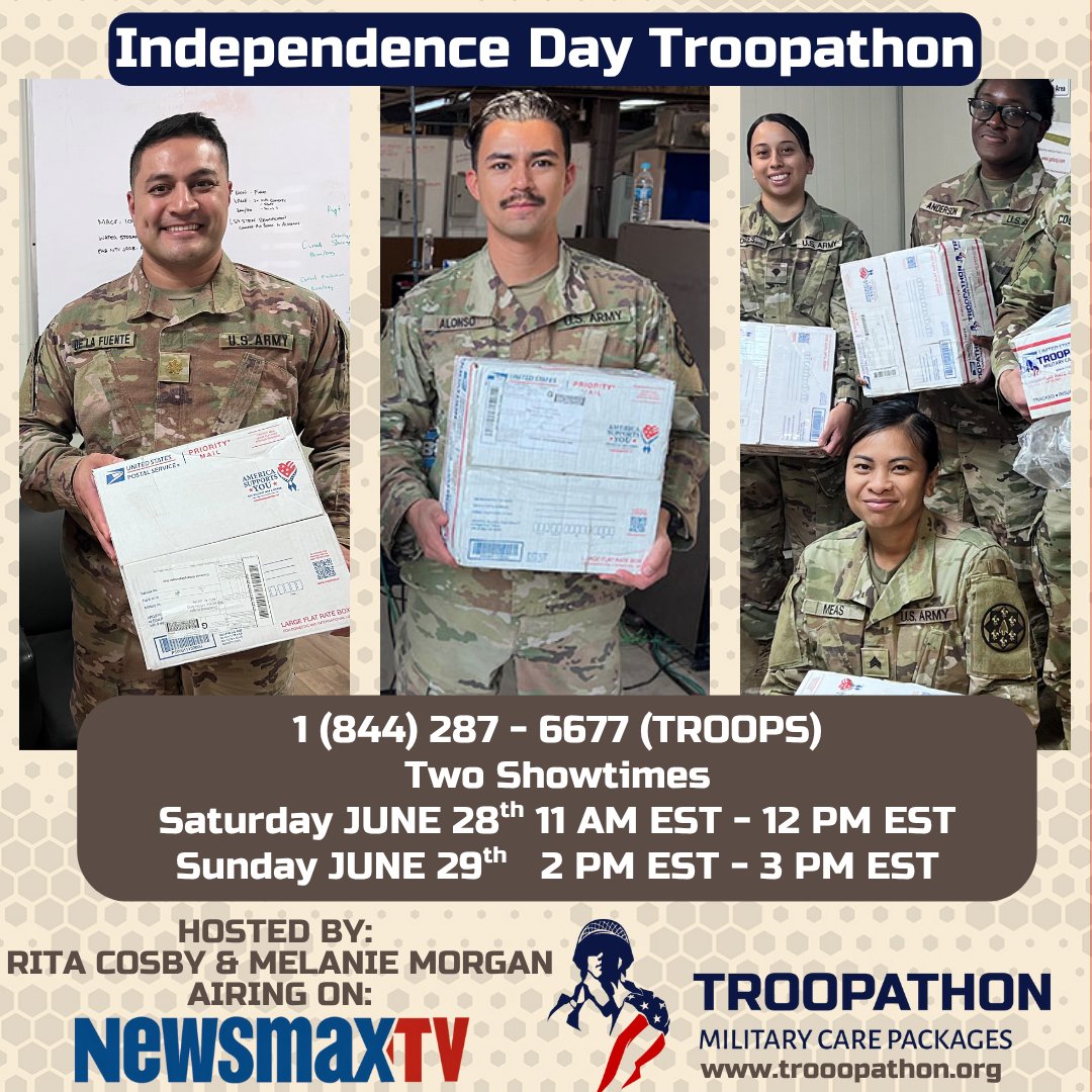 troopathon's tweet image. Sat, June 28th (11 AM - 12 PM EST) & Sun, June 29th (2 PM - 3 PM EST). Call 1 (844) 287 - 6677 to contribute! #Troopathon #SupportOurTroops #4thOfJulyJoin us for the #IndependenceDay Troopathon 2.0 this weekend! Show your support for our troops with@ritacosbyand@newsmax