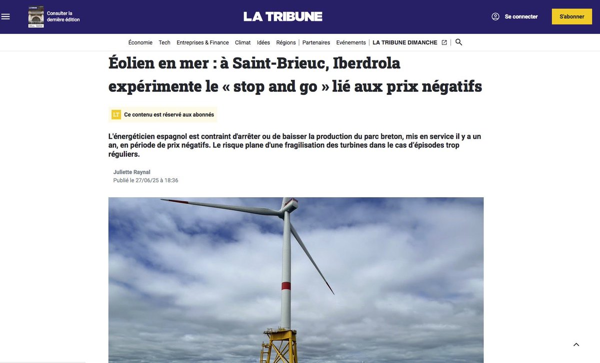 KaplanBen_Fr's tweet image. Information incroyable : l'énergéticien espagnol, Iberdrola est contraint de pratiquer la "#modulation" la production intermittente non-pilotable du parc breton, mis en service il y a un an, en période de prix négatifs. Le risque plane d'une fragilisation mécanique des turbines…