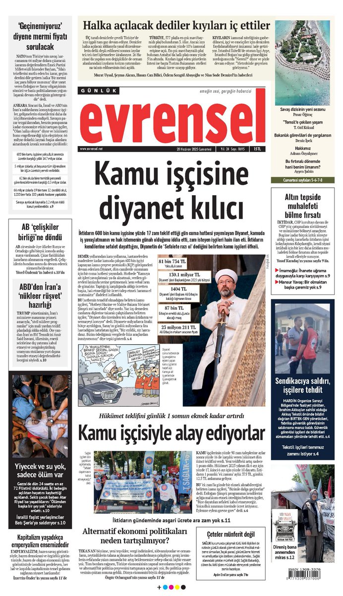 >İktidarın 600 bin kamu işçisine %17 zam teklif ettiği gün cuma hutbesi yayımlayan Diyanet, kamuda iş yavaşlatmanın ve hak istemenin günah olduğunu iddia etti, zam isteyen işçileri hain ilan eti.

>23 milyonluk arabaya binen Diyanet başkanının emekli maaşı bile 87 bin TL olacak.