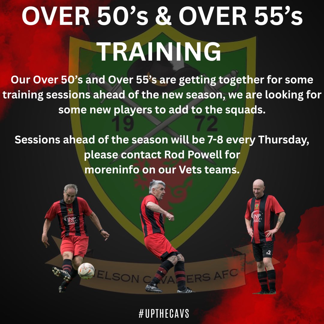 Nelson Cavaliers AFC (@nelsoncavsafc) on Twitter photo 🗣️🔴⚫️⚽️VETS FOOTBALL
Our Over 50’s and Over 55’s are looking for new players to bolster the squads ahead of their <a href="/WalesVets/">Wales Vets Football</a> season, with training beginning this Thursday.
Please contact Rod Powell for more info.
#upthecavs 🗣️🔴⚫️⚽️VETS FOOTBALL
Our Over 50’s and Over 55’s are looking for new players to bolster the squads ahead of their <a href="/WalesVets/">Wales Vets Football</a> season, with training beginning this Thursday.
Please contact Rod Powell for more info.
#upthecavs