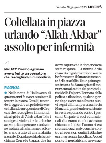 Piacenza, aveva accoltellato un operatore urlando “Allah Akbar” e poi aveva aggredito un poliziotto 

👉 36enne egiziano ASSOLTO per infermità mentale