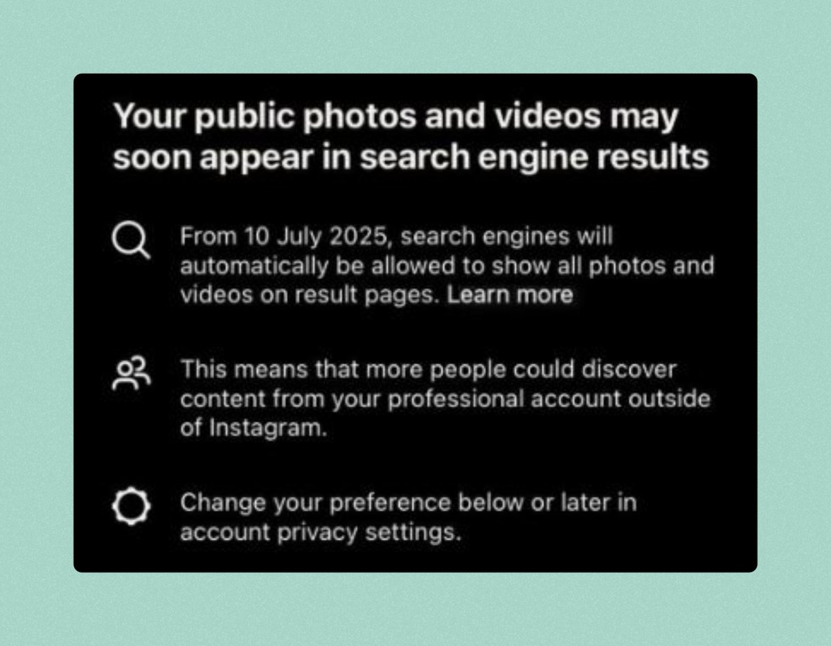 talksaboutseo's tweet image. 🚨 Instagram posts will soon rank on Google!
Starting July 10, 2025, public content from pro Instagram accounts will be visible in search results.
This changes how we do SEO for social media. Let’s break it down 🧵

#SEO #InstagramUpdate #GoogleIndexing