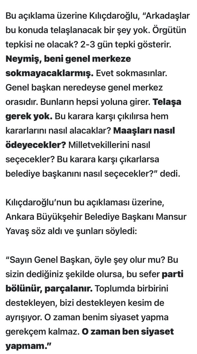Saygı Öztürk, CHP’li Seçer, Yavaş ve Özkoç’un hem Kılıçdaroğlu hem de İmamoğlu ile görüşmelerini yazmış
Kılıçdaroğlu görüşmede, örgüt nedir ki, 2-3 gün ses ederler sonra susarlar diyor
Chp’nin son kurultayında il ilçe örgütleri adına söz alan konuşmacılar tam da bu tutumdan