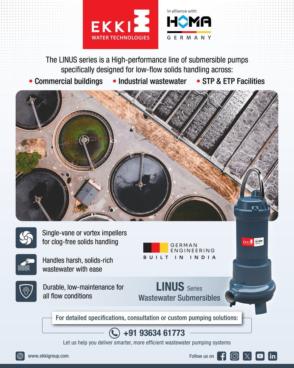 Meet the LINUS Series - High-performance Wastewater Submersible Pumps designed for low-flow, solids-heavy environments.
Ideal for Commercial Buildings, Industrial Wastewater and STP &amp; ETP Facilities
#EKKI #HOMA #EKKIHOMA #EKKIPumps  #WastewaterPumps