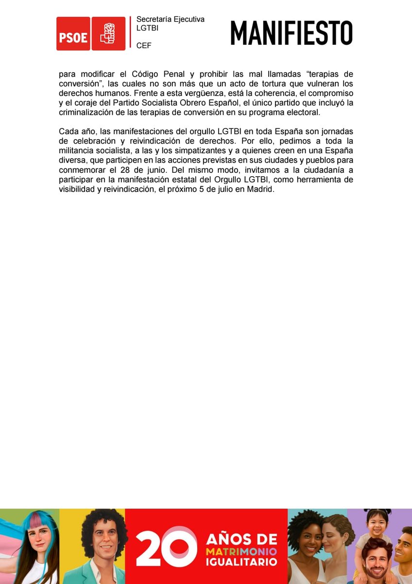 🏳️‍🌈 "20 años avanzando en derechos: ni un paso atrás". 

Desde el PSOE, celebramos este 20º aniversario de la Ley de Matrimonio Igualitario como un acto colectivo de orgullo, memoria y agradecimiento.

No permitiremos ningún retroceso que ponga en peligro los derechos
