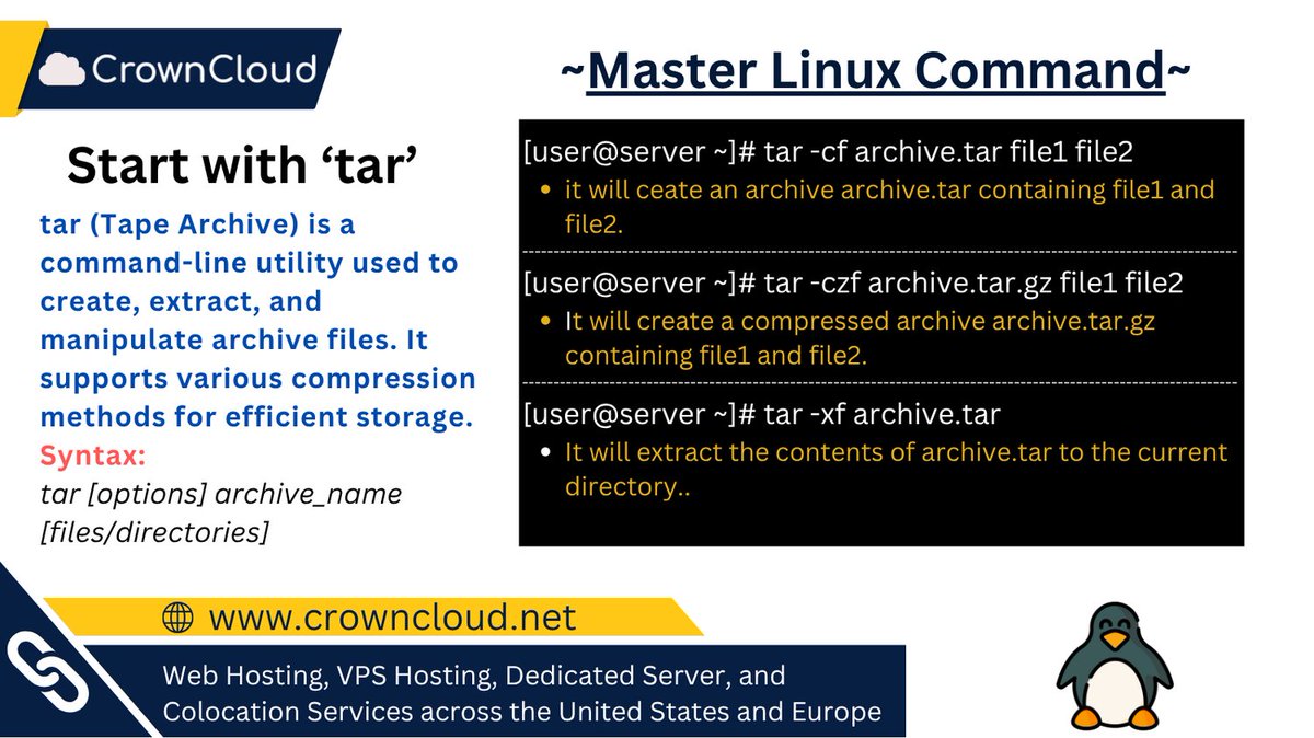 crownclouds's tweet image. Master Linux One Command at a Time - Archive and Compress: tar - File Archiving Utility
#LinuxCommands #tarCommand #MasterLinux #FileCompression #SysAdminTools #CommandLine #LinuxTips #BackupTools #OpenSource #TerminalSkills