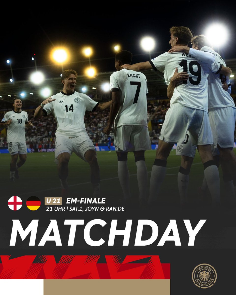 BRINGT ES ZU ENDE, JUNGS 🏆🖤❤️‍🔥💛

Fußballdeutschland, wir brauchen euch! ⚽ Auf den Rängen und vor den Bildschirmen: Das Endspiel um die #U21EURO seht ihr ab 20.15 Uhr in <a href="/sat1/">SAT.1</a>, auf <a href="/JoynDeutschland/">Joyn</a>, <a href="/ransport/">ran</a>.de oder in der ran-App! 📺

#U21 #ENGGER | 📸 Thomas Böcker/DFB