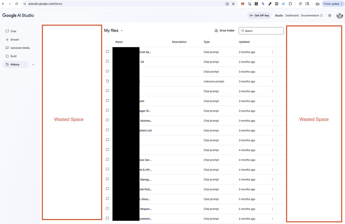 TommyFountain's tweet photo. Really excited about this! Google AI Studio is already a great tool, and I'd be super interested in testing the new UI.

One of the biggest pain points for me in the current design is how much screen space goes unused — lots of wasted margins (screenshot attached). Also, chat/file names get truncated way too early and there's no way to resize columns, which makes managing longer projects frustrating.

Looking forward to seeing how this new version addresses that — happy to jump on a call and share feedback!