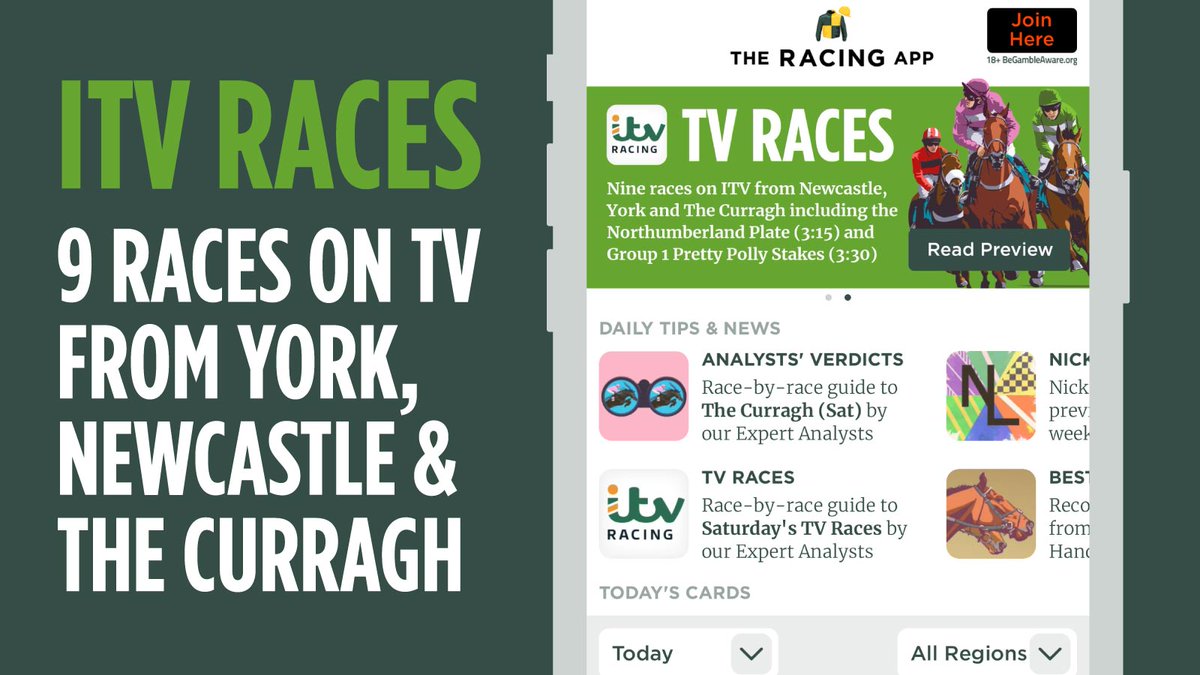 Saturday TV Racing
9 races on ITV from Newcastle, York and The Curragh inc. the Northumberland Plate (3:15 Newc), the Group 3 Criterion Stakes (2:25 York) and Group 1 Pretty Polly Stakes (3:30 Curragh). Don't miss our expert Analysts’ Verdicts. bit.ly/The-Racing-App