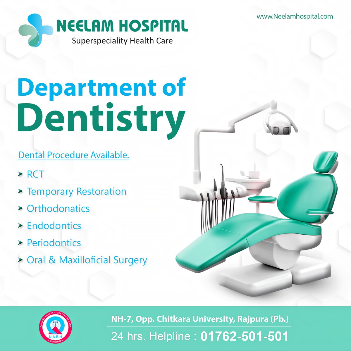NeelamHospital's tweet photo. 🦷 Your smile deserves expert care!
From routine checkups to smile makeovers, Neelam Hospital’s Dentistry Department has you covered. Book your appointment today and take the first step to a healthier, brighter smile! ✨
#SmileWithNeelam #DentalCare #NeelamHospital https://t.co/OFxCWhPWkc