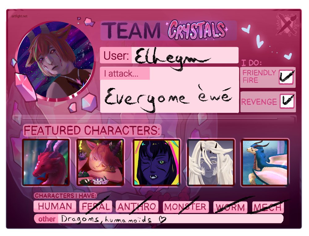 Any oomfs (or anyone actually) doing the artfight this year? &gt;w&lt; 
I'm team crystals (because shiny rocks xD)

Not done yet with uploading my OCs though help LMAO

#artfight2025