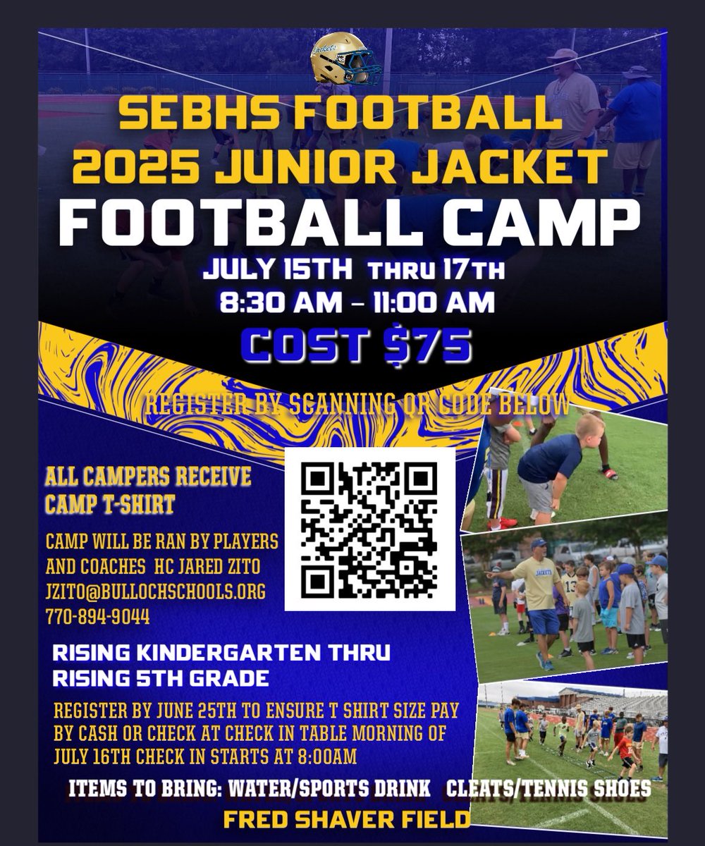 Jared Zito (@sebfbcoach) on Twitter photo SEB Football Youth Camp coming in July!
<a href="/SEBHSAthletics/">Southeast Bulloch High School Athletics</a> <a href="/randylee14/">Coach Lee</a> <a href="/CoachAnthonySr/">Jason Anthony</a> <a href="/DonnieCarr32/">CoachCarr</a>
<a href="/RandMorgan03/">Rand Morgan</a>
<a href="/thejoshaubrey/">Josh Aubrey</a> SEB Football Youth Camp coming in July!
<a href="/SEBHSAthletics/">Southeast Bulloch High School Athletics</a> <a href="/randylee14/">Coach Lee</a> <a href="/CoachAnthonySr/">Jason Anthony</a> <a href="/DonnieCarr32/">CoachCarr</a>
<a href="/RandMorgan03/">Rand Morgan</a>
<a href="/thejoshaubrey/">Josh Aubrey</a>