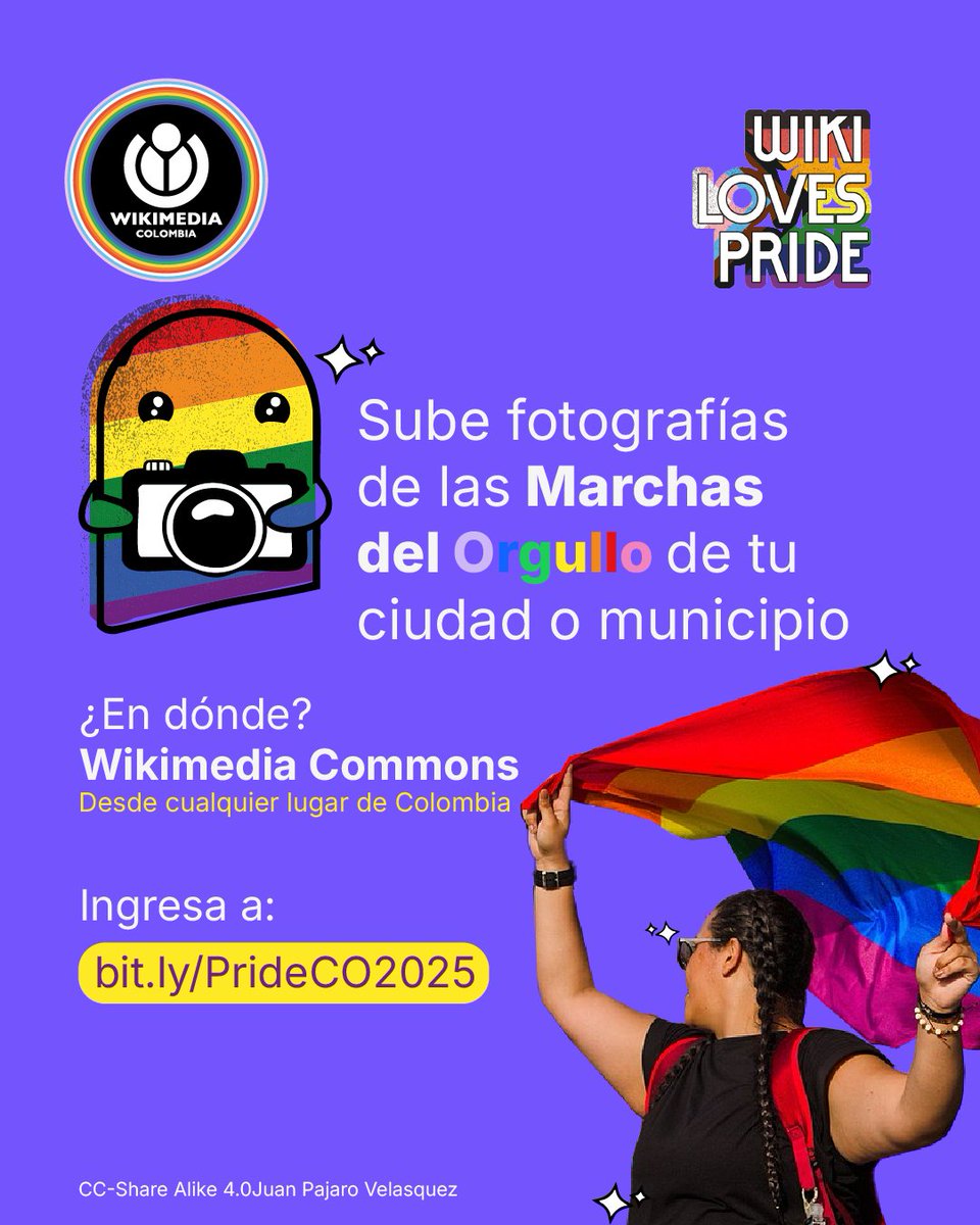 Súmate a documentar en imágenes para la construcción colectiva de memoria, visibilidad y representación de la comunidad LGBTIQ+ en internet a través de las plataformas Wikimedia. Ingresa a bit.ly/PrideCO2025