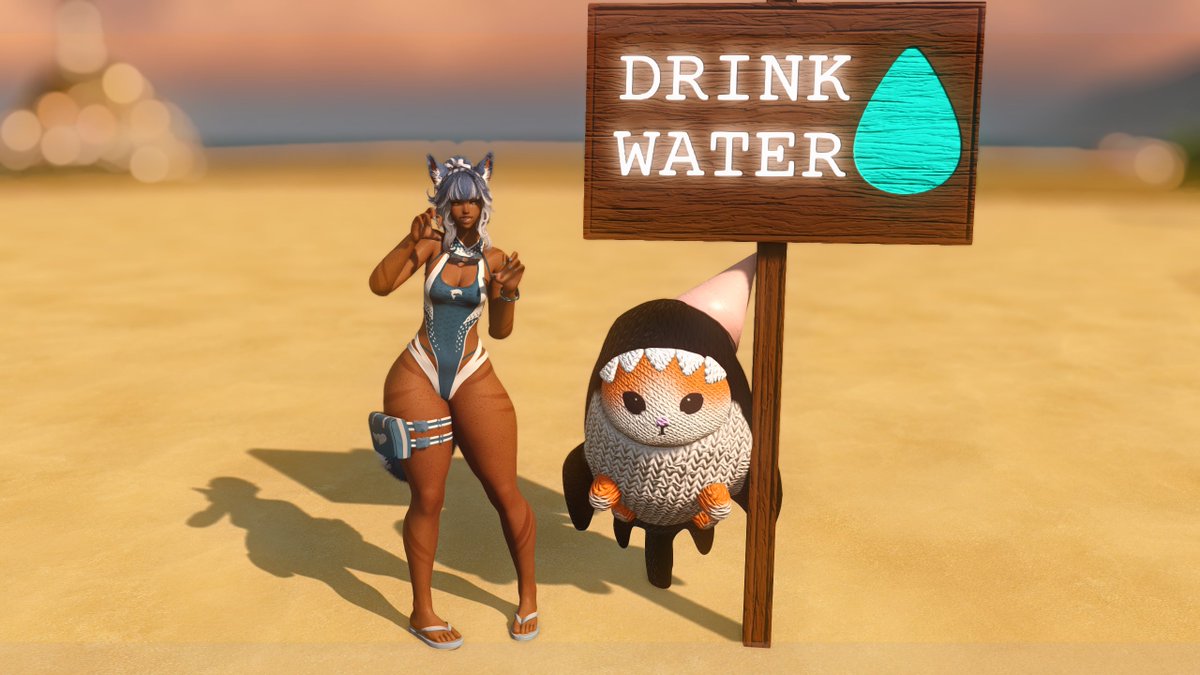 Important reminder to stay hydrated thanks to <a href="/HoloWolfyy/">Applenzo | Holo - Gposes</a> at the #ffxivsummerbash 
[#GPOSER | #miqote]