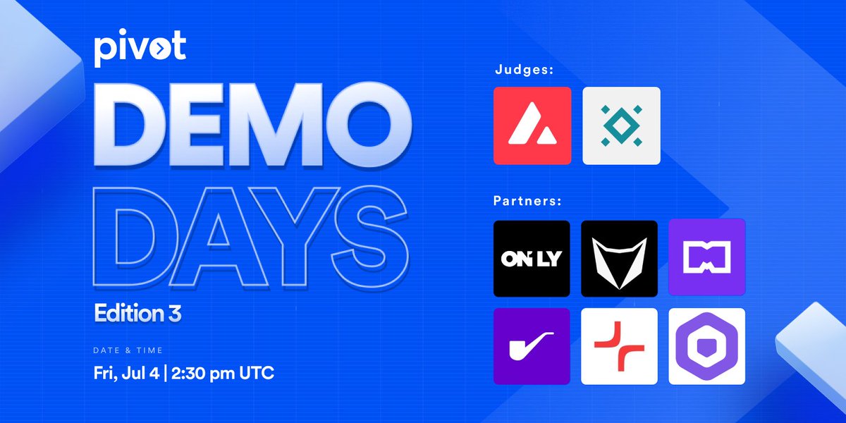 🔥 It’s official. Demo Day #3 is about to be next-level. 🔥

We’re super pumped to announce the official Partners &amp; Judges for Pivot Demo Day #3 happening this July 4 | 2:30 PM UTC! ⌛

With heavyweights like <a href="/1OnlyVC/">ONLY VC</a> , <a href="/alphacapital_vc/">Alpha Capital</a>, <a href="/MarilynPRWeb3/">Marilyn PR</a> , <a href="/mpost_io/">Mpost Media Group</a>, <a href="/sherlockdefi/">SHERLOCK</a>