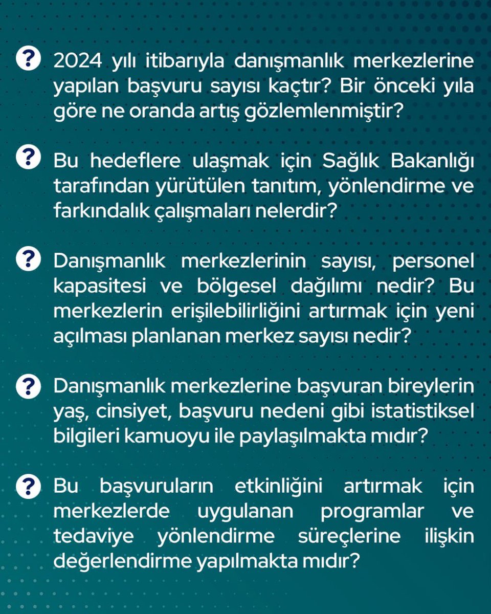 DEVA Partisi (@devapartisi) on Twitter photo “2024 yılı itibarıyla danışmanlık merkezlerine yapılan başvuru sayısı kaçtır? Bir önceki yıla göre ne oranda artış gözlemlenmiştir?”
İstanbul Milletvekilimiz <a href="/medeniylmz/">Dr. Medeni Yılmaz</a>, Sağlık Bakanı Kemal Memişoğlu’na 2024-2028 Uyuşturucu ile Mücadele Strateji Belgesi ve Eylem Planını sordu. “2024 yılı itibarıyla danışmanlık merkezlerine yapılan başvuru sayısı kaçtır? Bir önceki yıla göre ne oranda artış gözlemlenmiştir?”
İstanbul Milletvekilimiz <a href="/medeniylmz/">Dr. Medeni Yılmaz</a>, Sağlık Bakanı Kemal Memişoğlu’na 2024-2028 Uyuşturucu ile Mücadele Strateji Belgesi ve Eylem Planını sordu.