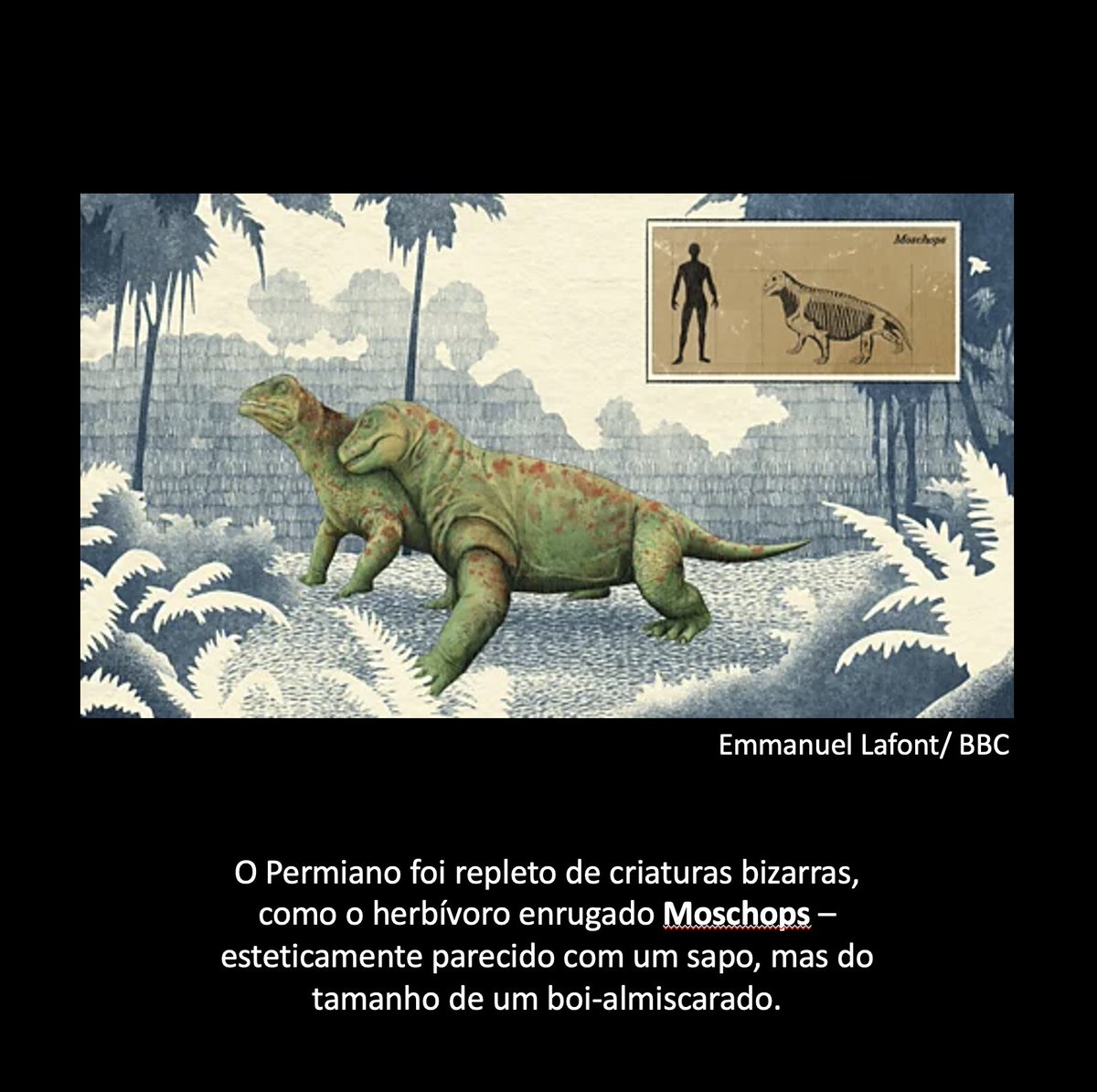 “Muito antes dos dinossauros, monstros do Permiano dominavam a Terra”
Antes dos dinossauros, o planeta já era palco de incríveis experimentos da evolução. No período Permiano, há mais de 250 milhões de anos, criaturas estranhas como o Moschops — um herbívoro enrugado do tamanho