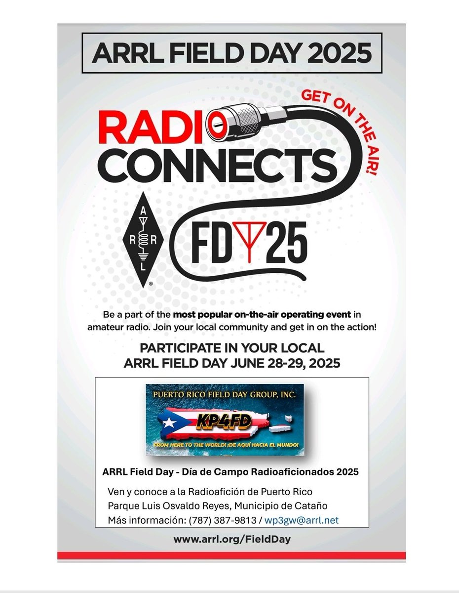 WP3GW's tweet photo. Hoy Día de Campo del ARRL en el Parque Luis Osvaldo Reyes en Cataño. Esperamos verlos.

Today ARRL Field Day in the Luis Osvaldo Reyes park in Cataño. We hope to see you.

#ARRLFD #HamRadio #KP4 
#AmateurRadio #Radioaficionado https://t.co/BXy23eGrUh