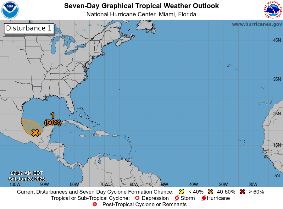 NHC_Atlantic's tweet photo. 8am EDT 28 June - NHC is watching a low pressure area in the Bay of Campeche (#AL91) with a medium chance (50%🟠) of TC formation. A @53rdWRS recon mission is scheduled to investigate later today. Main impact remains rainfall in Mexico &amp; Central America.

https://t.co/tW4KeGdBFb https://t.co/F6H8lLMOGt