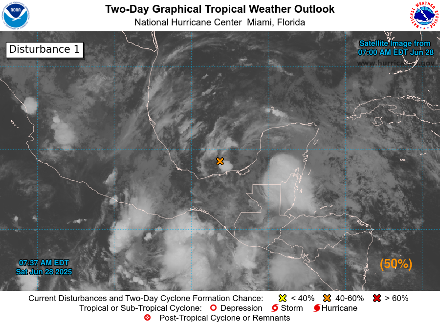 8am EDT 28 June - NHC is watching a low pressure area in the Bay of Campeche (#AL91) with a medium chance (50%🟠) of TC formation. A <a href="/53rdWRS/">Hurricane Hunters</a> recon mission is scheduled to investigate later today. Main impact remains rainfall in Mexico &amp; Central America.

hurricanes.gov