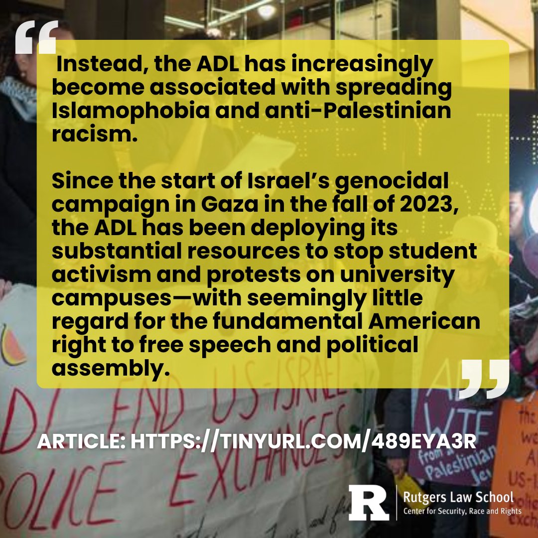 Center for Security, Race and Rights (@rucsrr) on Twitter photo Check out the latest article by CSRR Director Sahar Aziz titled "ADL Fuels Islamophobia and Betrays Its Civil Rights Mission."
<a href="/saharazizlaw/">saharazizlaw.bsky.social</a>
Link to Full Article: tinyurl.com/489eya3r Check out the latest article by CSRR Director Sahar Aziz titled "ADL Fuels Islamophobia and Betrays Its Civil Rights Mission."
<a href="/saharazizlaw/">saharazizlaw.bsky.social</a>
Link to Full Article: tinyurl.com/489eya3r