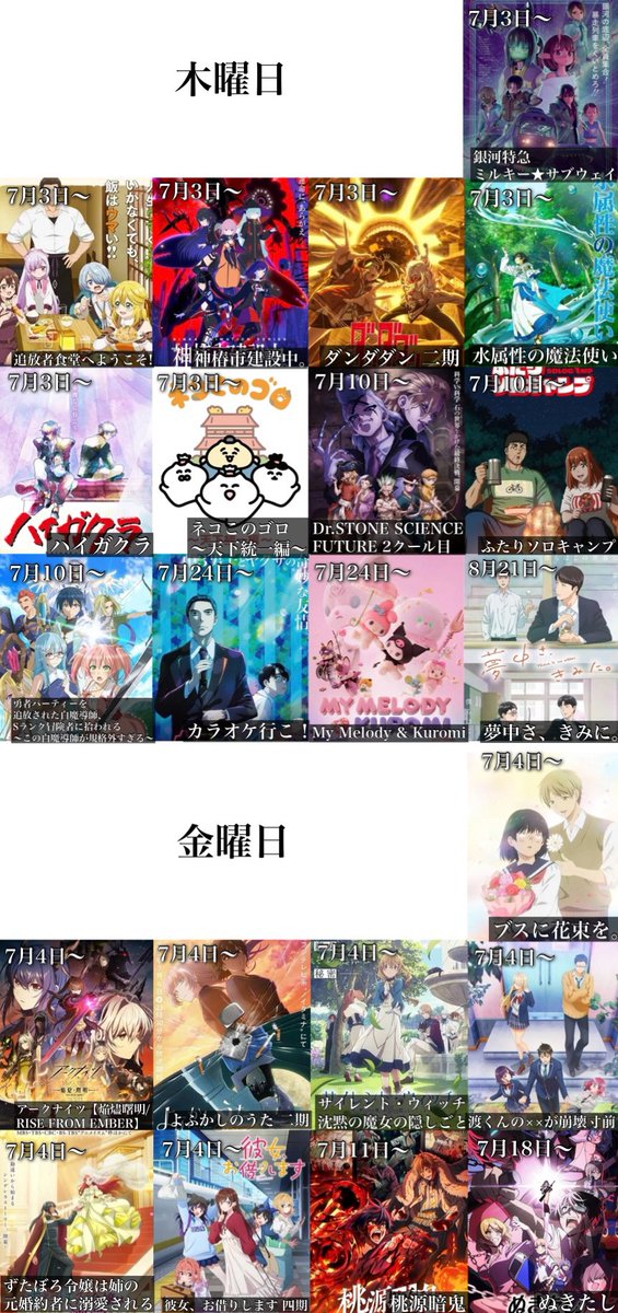 toarutoa's tweet image. 2025年夏アニメ一覧の放送日と曜日別一覧です