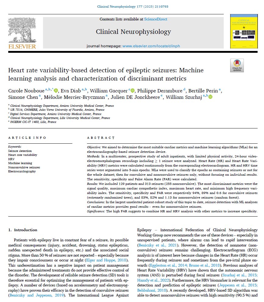 [Epilepsy] Nouboue et al.: "In the largest unselected patient cohort study of this topic to date, seizure detection with machine learning analyses of cardiac metrics provides good results – even for nonconvulsive seizures." Open access: doi.org/10.1016/j.clin…