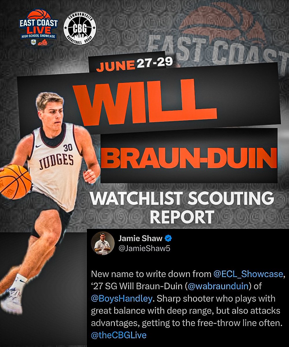Commonwealth Basketball Group (@thecbglive) on Twitter photo Will Braun-Duin caught the attention of On3 National Analyst <a href="/JamieShaw5/">Jamie Shaw</a> at day one of the <a href="/ECL_Showcase/">East Coast Live</a> Will Braun-Duin caught the attention of On3 National Analyst <a href="/JamieShaw5/">Jamie Shaw</a> at day one of the <a href="/ECL_Showcase/">East Coast Live</a>