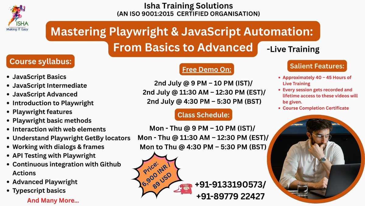 IshaKumargupta's tweet image. Isha Training Solutions presents“Mastering Paywright & JavaScript Automation”- Live Training.
Free Demo On:
2nd July@9PM(IST)/2nd July@11:30AM(EST)
you can register by joining the below Link
docs.google.com/forms/d/e/1FAI…
call/WhatsApp@+91-91331905738977922427
#PlaywrightJS Script