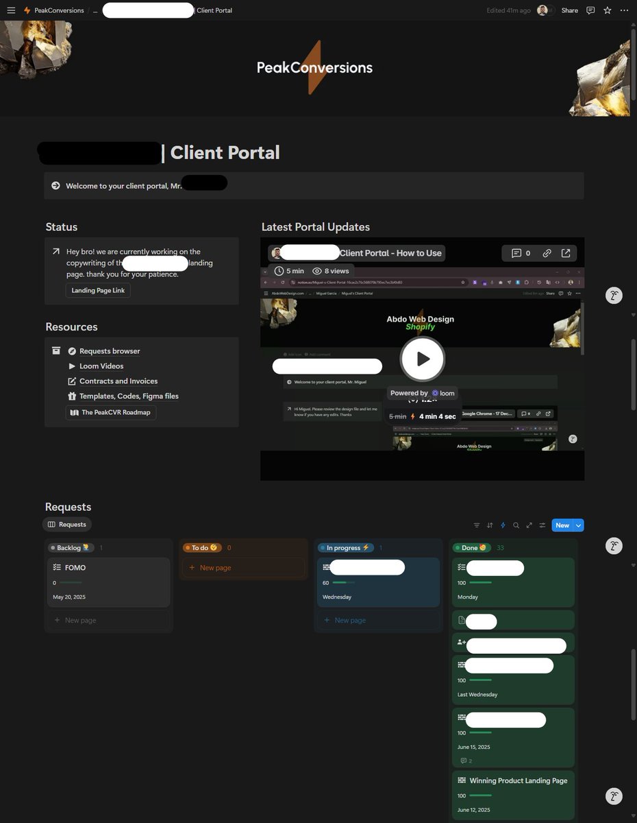 My client portal.. THE FINAL FORM.. after 6 months of iterations

I'm as proud of what we didn't do as I am of what we did - Steve jobs or something

- Async workflow
- Forms for each request to save time
- Notification updates for status changes
- Files in one place (Looms,