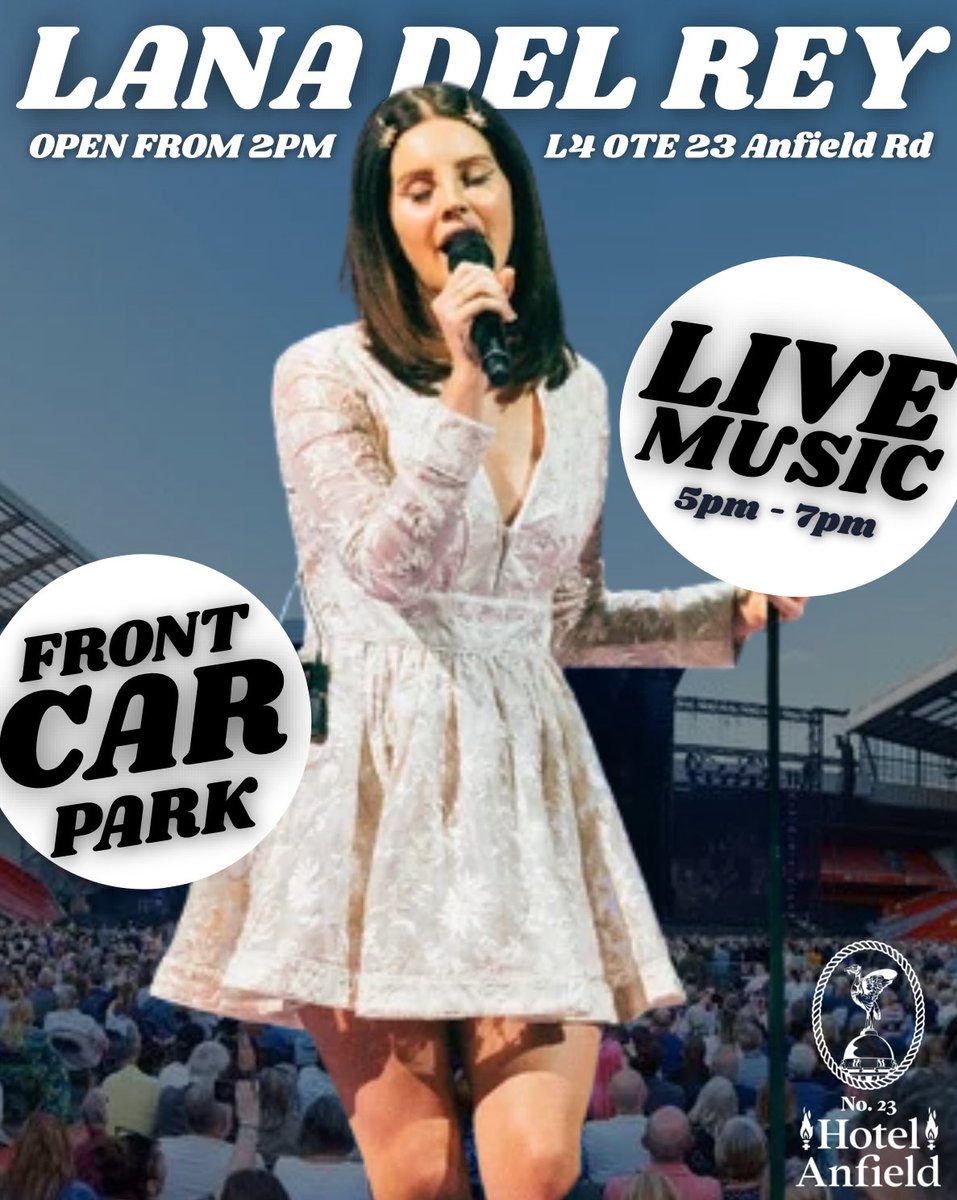 Join us on today from 2pm before Lana Del Rey plays live at Anfield 🎤🥳

We will have live music from Adam and Ethan from 5pm to 7pm 🎶 

So if your looking for some pre concert entertainment we’re the best place to come only 200 yards from Anfield itself 🙌