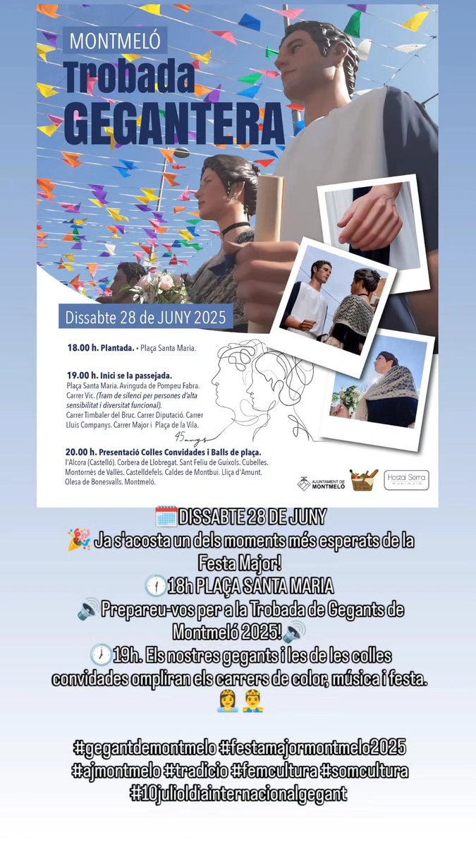 🗓️DISSABTE 28 DE JUNY
 👸🤴44a Trobada Gegantera a Montmeló 
🔊🔊🔊IMPORTANT!!! 🔊🔊🔊  
A la cercavila hi haura al carrer Vic un espai de silenci per persones d'alta sensibilitat i diversitats funcionals. 
#gegantdemontmelo #festamajormontmelo2025 #ajmontmelo #somcultura