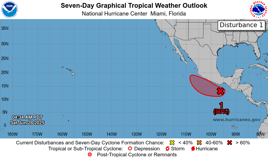 NHC_Pacific's tweet photo. 5am PDT 28 June - NHC is monitoring an area of low pressure (#EP95) a few hundred miles off the Gulf of Tehuantepec, which has a high chance (70% 2-day / 90% 7-day 🔴) of TC formation.
Primary impact remains heavy rainfall for Mexico & Central America.
https://t.co/y4A78ATRZh https://t.co/IfTQBTIyzt