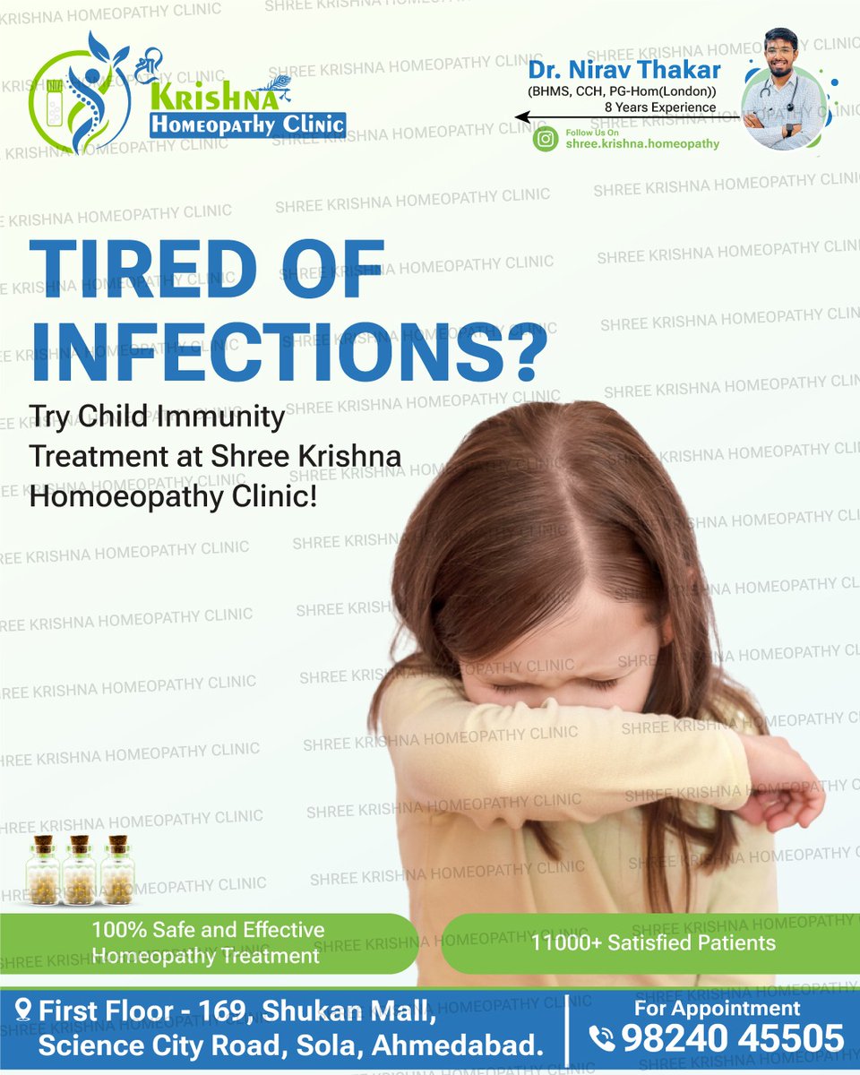 skrishna_clinic's tweet image. Tired of frequent infections in your child? 🤧
Boost your child’s immunity naturally at Shree Krishna Homeopathy Clinic with 100% safe treatment by Dr. Nirav Thakar. Book your appointment! 🛡️ 

#ShreeKrishnaHomeopathyClinic #HomeopathyForKids #NaturalImmunityBoost #SafeTreatment
