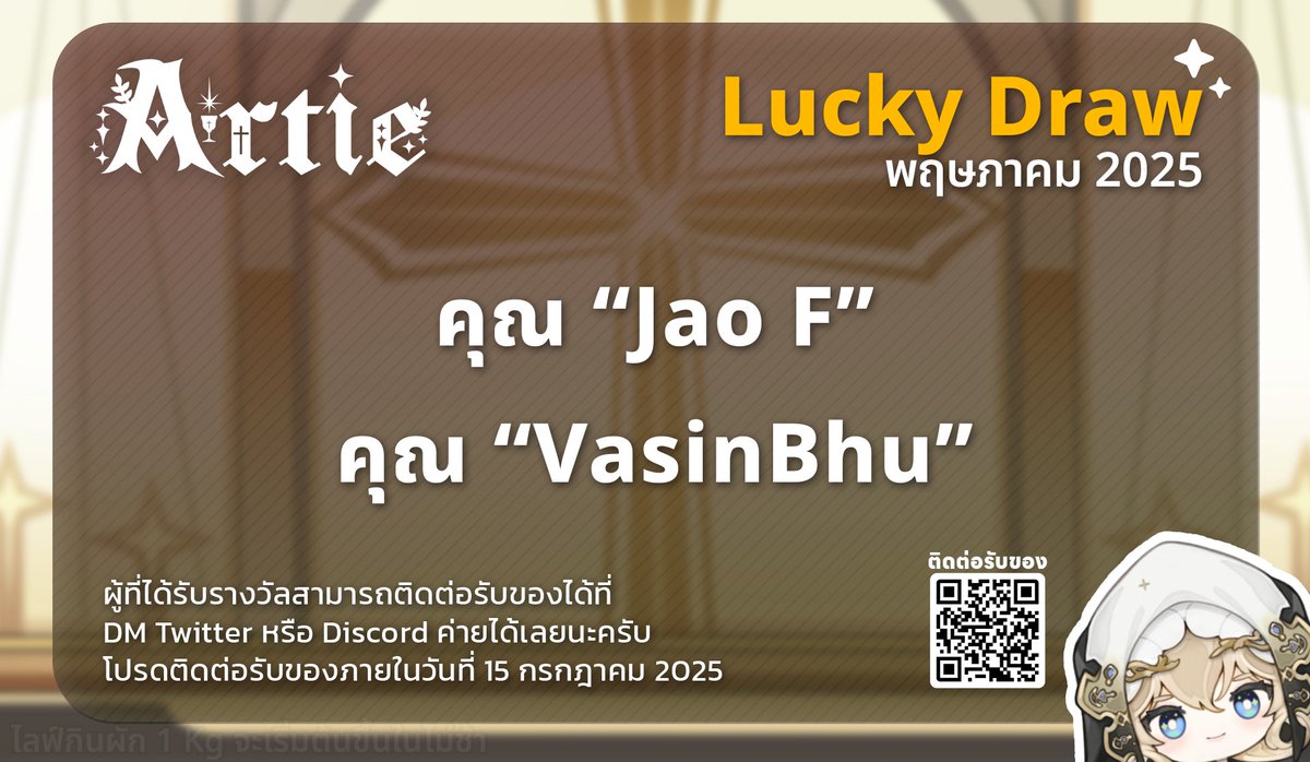 🎉รายชื่อ Top Donate Re-Boot Artie ദ്ദി •⩊• ) 
1.) คุณ "Boom" 

🎉รายชื่อ Top Donate ≽^• ˕ • ྀི≼ 
อันดับ 1 = คุณ "Bonus" 
อันดับ 2 = คุณ "๋Jao F" 
 
🎉รายชื่อ Lucky Draw (˶°ㅁ°) !! 
1.) คุณ "Jao F" 
2.) คุณ "VasinBhu"  

ขอแสดงความยินดีนายท่านกับทั้ง 4 ท่านด้วยนะเจ้าคะ