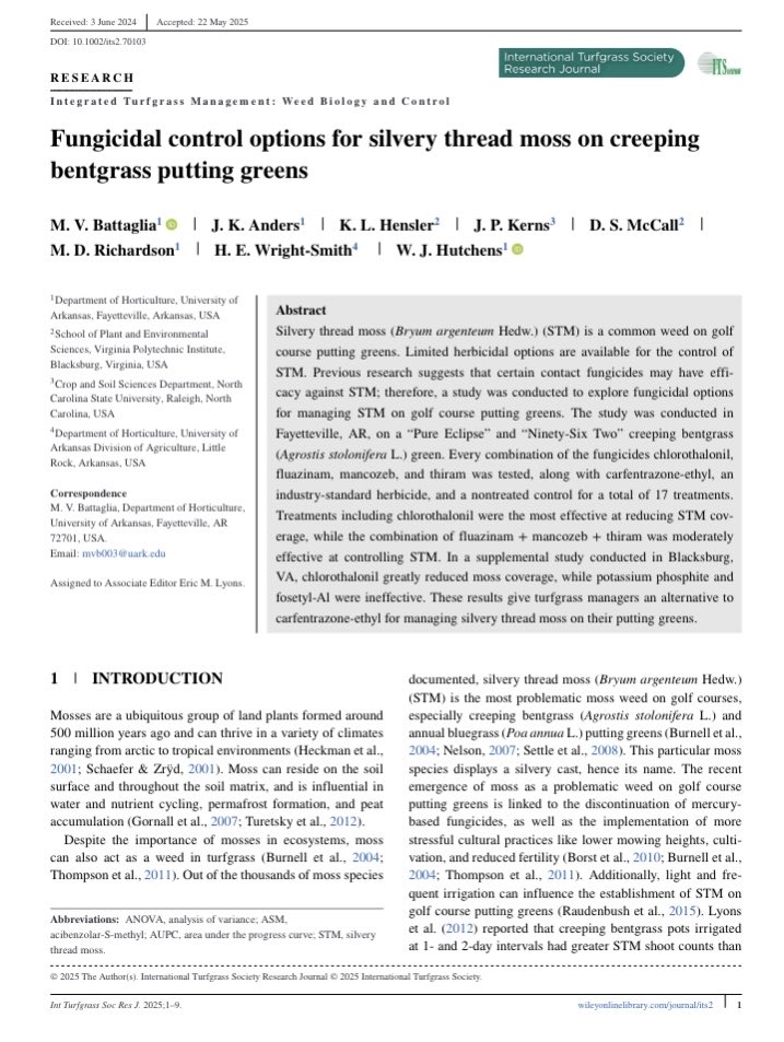 Wendell Hutchens (@hutchenswendell) on Twitter photo Congratulations to <a href="/MikeB_Turf/">Mike Battaglia</a> on his first publication as lead author! This paper provides valuable information for those combating silvery thread moss on their putting greens. You can check it out here: doi.org/10.1002/its2.7… Congratulations to <a href="/MikeB_Turf/">Mike Battaglia</a> on his first publication as lead author! This paper provides valuable information for those combating silvery thread moss on their putting greens. You can check it out here: doi.org/10.1002/its2.7…