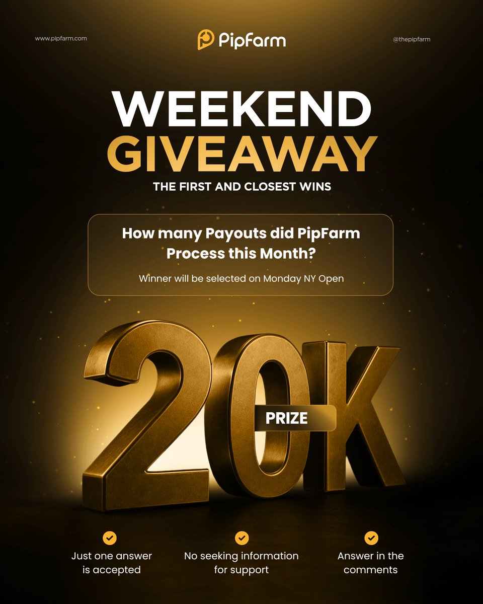 🎁✨WEEKEND GIVEAWAY QUESTION✨🎁

❓ How many payouts did PipFarm process this month?❓

The first or closest guess on X wins a $20k Consistency Mode PipFarm challenge💪

Answer in the comments and follow the rules👇