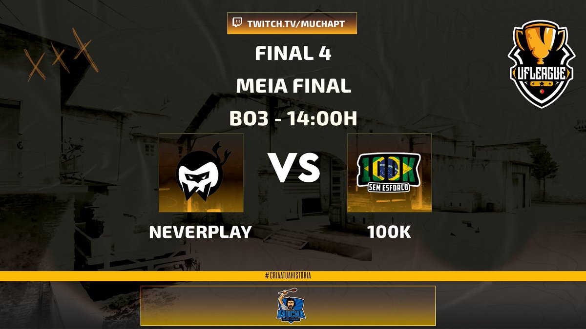 Chegamos hoje ao inicio da FINAL 4 da tua UF League Portugal
<a href="/neverplay_gg/">NeverPlay</a> Enfrenta #100K para alcançar mais uma Final e tentar revalidar o Titulo de campeao, Sera que conseguem superar a Equipa onde <a href="/crappyjaypee/">João Monteiro</a> ja foi Feliz nesta liga? 
A nao perder
Twitch.tv/muchapt