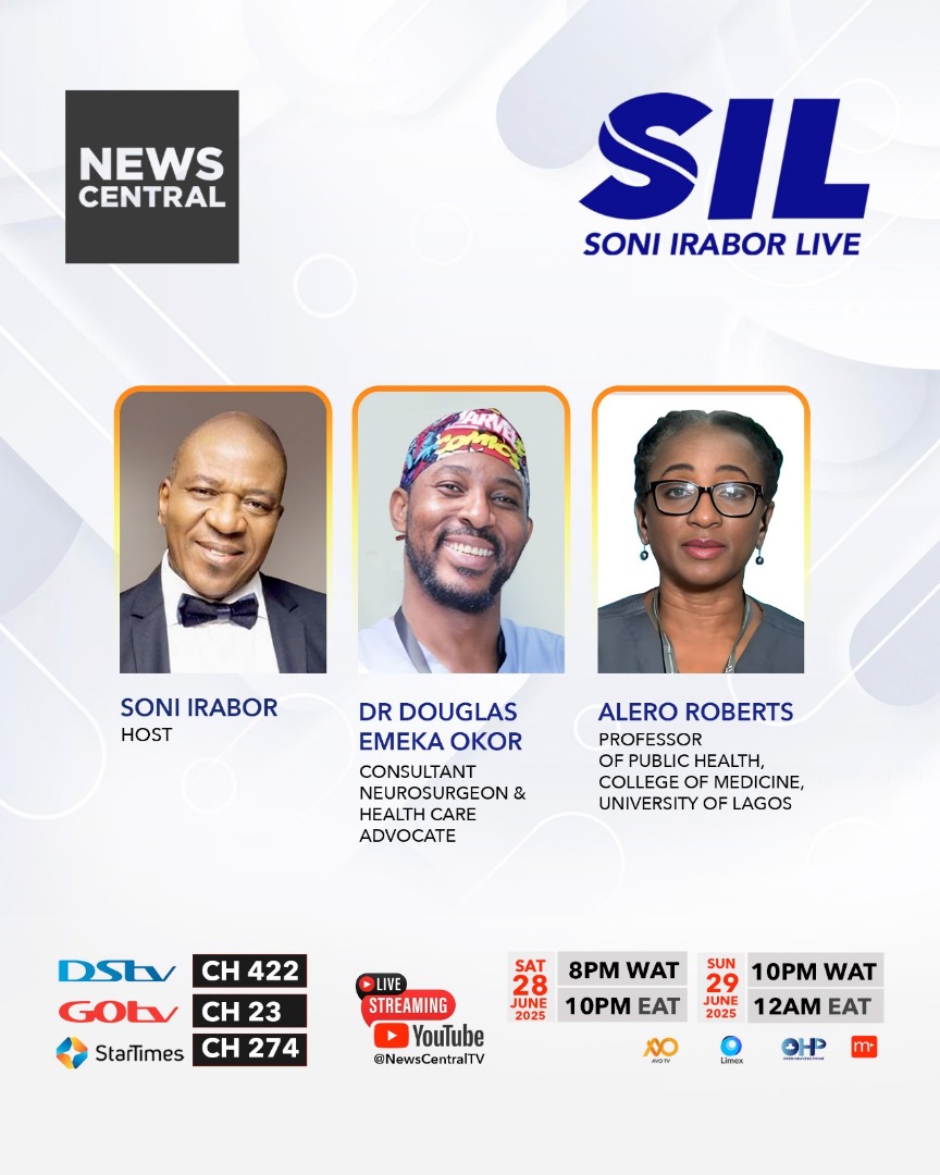 Soni Irabor Live with <a href="/soniirabor4real/">Soni Irabor</a> airs tonight with guests <a href="/DouglasOkor/">Douglas Emeka Okor</a> and Alero Roberts to discuss the relationship between personal responsibility and government action in promoting a healthier society.

Showing at 8 PM WAT.