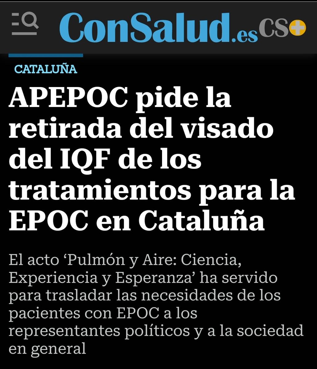 Jordi Fàbrega 🎗 (@jorfabrega) on Twitter photo El <a href="/parlamentcat/">Parlament de Catalunya</a> va aprovar -a proposta de <a href="/JuntsParlament/">Junts Parlament</a>- la retirada de la limitació per la prescripció de la triple teràpia pels pacients de MPOC on estigui indicat clínicament. El <a href="/salutcat/">Salut</a> no ho ha complert, però <a href="/JuntsXCat/">Junts per Catalunya🎗</a> continuem insistint-hi. Al costat d'<a href="/apepoc_es/">Asoc. Pacientes con EPOC</a> i El <a href="/parlamentcat/">Parlament de Catalunya</a> va aprovar -a proposta de <a href="/JuntsParlament/">Junts Parlament</a>- la retirada de la limitació per la prescripció de la triple teràpia pels pacients de MPOC on estigui indicat clínicament. El <a href="/salutcat/">Salut</a> no ho ha complert, però <a href="/JuntsXCat/">Junts per Catalunya🎗</a> continuem insistint-hi. Al costat d'<a href="/apepoc_es/">Asoc. Pacientes con EPOC</a> i